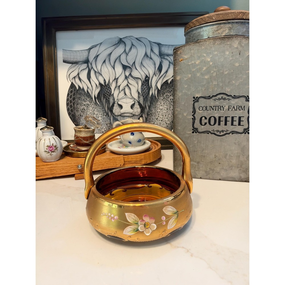 Vintage Bohemian Amber Art Glass Basket Hand Painted Floral Gold Gilt Decor